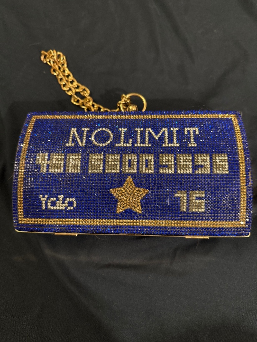 YOLO “No Limit” Credit Card Rhinestone Crystal Clutch — Royal Blue & Gold, Chain
